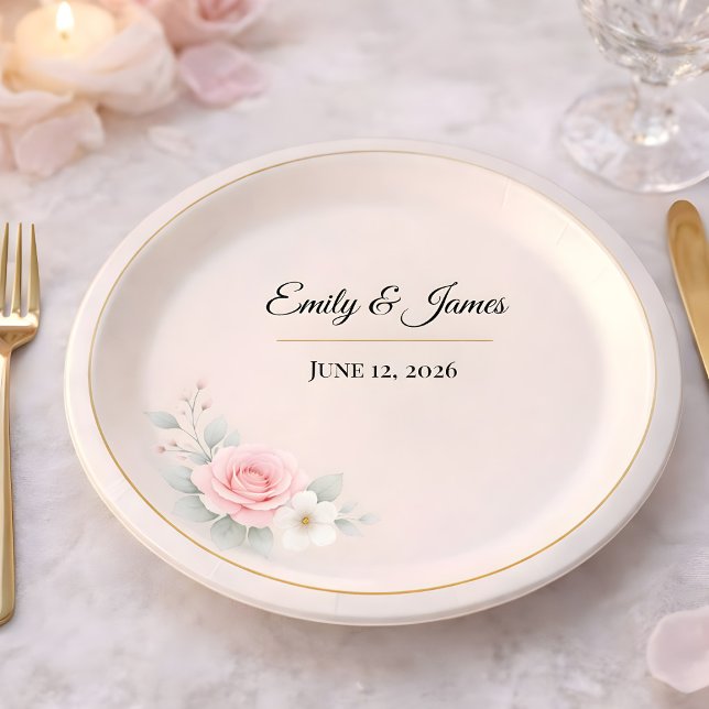 Assiettes En Carton Mariage Luxueux en Rose (Wedding reception paper plate mockup)
