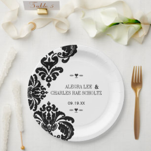 Assiettes En Carton Mariage Luxueux Rustique Noir Damassé Vintage