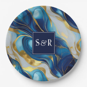 Assiettes En Carton Mariage Marbré Faux Or, Bleu et Blanc Monogramme
