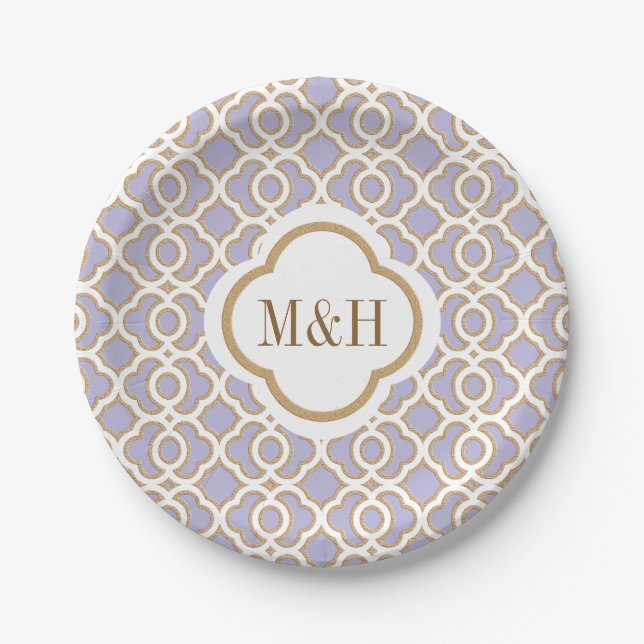 Assiettes En Carton Mariage marocain décoré d'un monogramme de lavande (Devant)