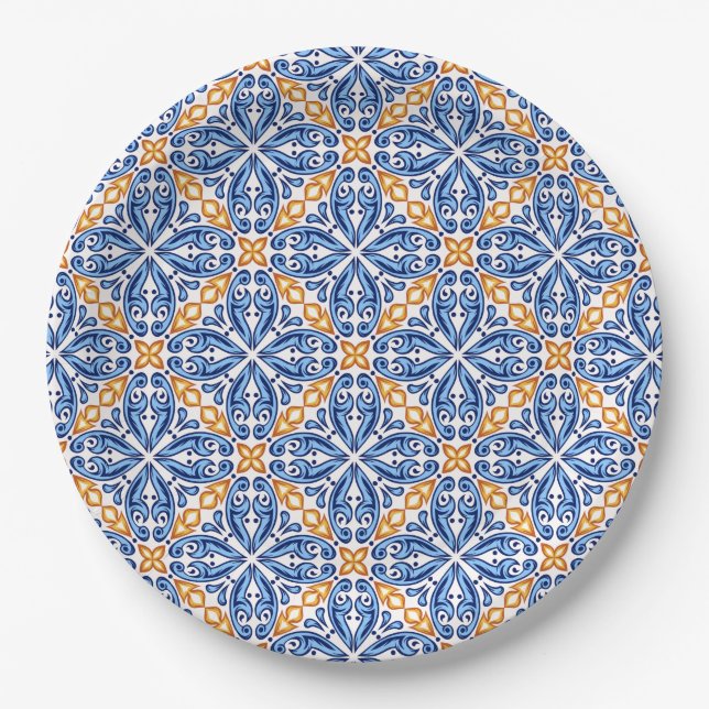 Assiettes En Carton mariage méditerranéen du Tile bleu jaune espagnol (Devant)