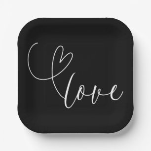 Assiettes En Carton Mariage Minimaliste Amour Cœurs Modernes Noir & Bl