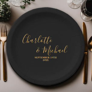 Assiettes En Carton Mariage minimaliste Black Gold Script