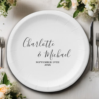 Assiettes En Carton Mariage minimaliste de script blanc