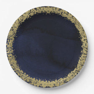 Assiettes En Carton Mariage Moderne Aquarelle Bleu Nuit et Or