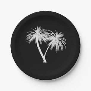 Assiettes En Carton Mariage Moderne aux Arbres Palmiers Tropicaux Noir