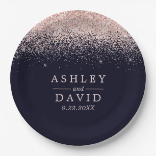 Assiettes En Carton Mariage Moderne Bleu Nuit Confettis Rose Gold