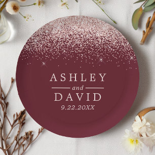 Assiettes En Carton Mariage Moderne Bourgogne Confettis Rose Gold