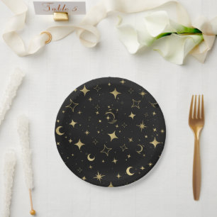 Assiettes En Carton Mariage Moderne Céleste Lune Étoiles Noir & Or