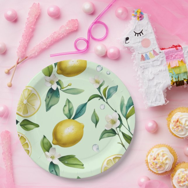 Assiettes En Carton Mariage moderne en jaune citron avec écriture flor (Fête)