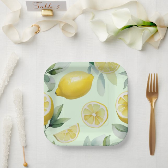 Assiettes En Carton Mariage moderne en jaune citron avec motif floral  (Mariage)