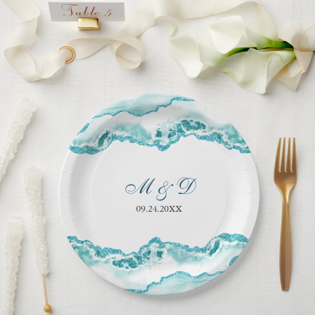 Assiettes En Carton Mariage moderne en marbre bleu clair (Mariage)