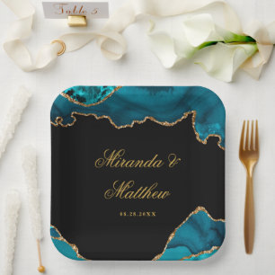 Assiettes En Carton Mariage moderne en pierre d'agate sarcelle et or 