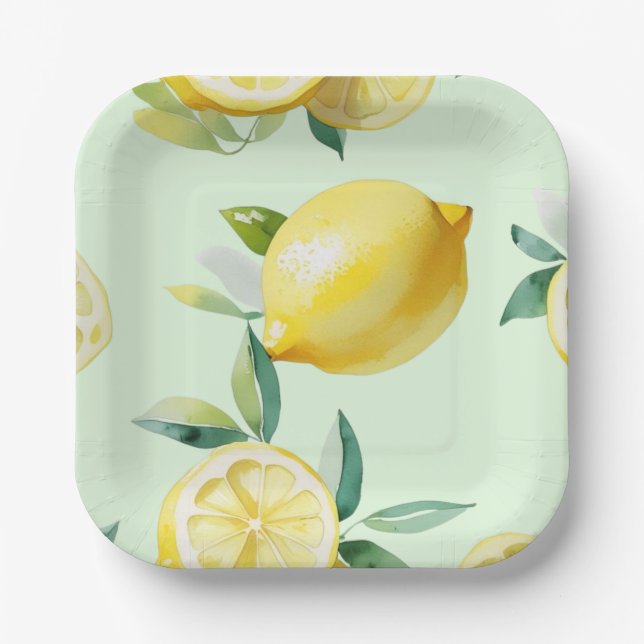 Assiettes En Carton Mariage moderne jaune citron floral script (Recto)