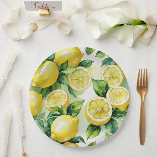 Assiettes En Carton Mariage moderne lemon bleu floral script (Mariage)