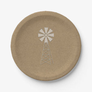 Assiettes En Carton Mariage Moderne Moulin à Vent de Ferme Kraft Brun 