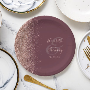 Assiettes En Carton Mariage Moderne Rose Gold Pailleté Burgundy Foncé