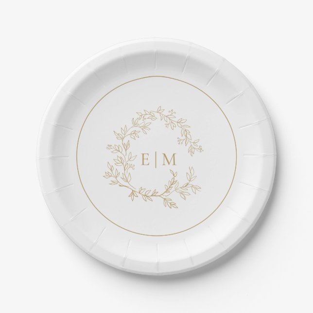 Assiettes En Carton Mariage Monogramme de cime dorée moderne (Devant)