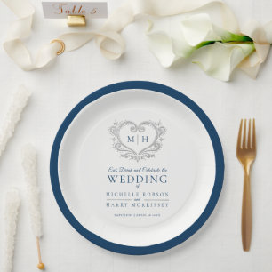 Assiettes En Carton Mariage monogramme de couronne bleu coeur argenté