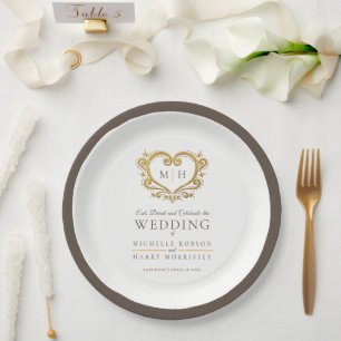 Assiettes En Carton Mariage monogramme de couronne brun coeur doré