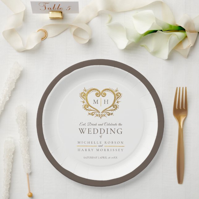 Assiettes En Carton Mariage monogramme de couronne brun coeur doré (Mariage)