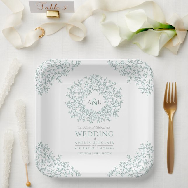 Assiettes En Carton Mariage monogramme de dessin de feuille de cercle  (Mariage)