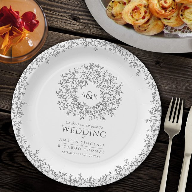 Assiettes En Carton mariage monogramme de dessin feuille mono-cercle (Créateur téléchargé)