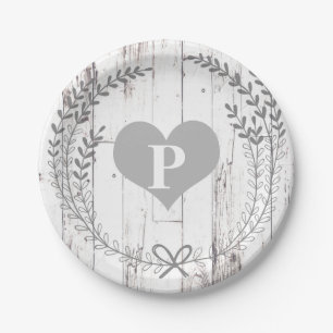 Assiettes En Carton Mariage Monogramme de Ferme Rustique en Bois Blanc