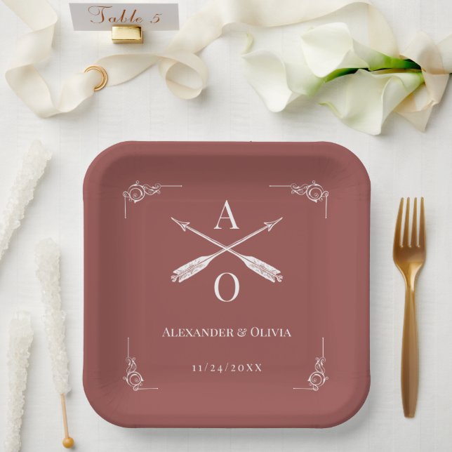 Assiettes En Carton Mariage Monogramme et Flèches en terre cuite (Mariage)