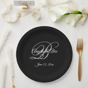 Assiettes En Carton Mariage Monogramme Fantaisie Blanc Gris et Noir