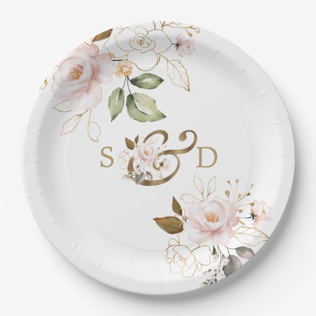 Assiettes En Carton Mariage Monogramme Fleurs Dorées Blush Fantaisie (Devant)