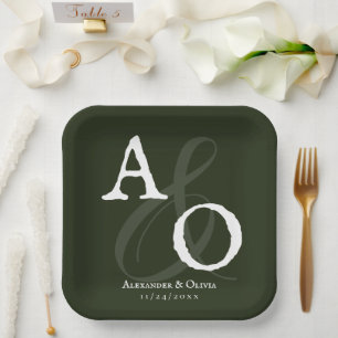 Assiettes En Carton Mariage Monogramme minimaliste Emerald Green