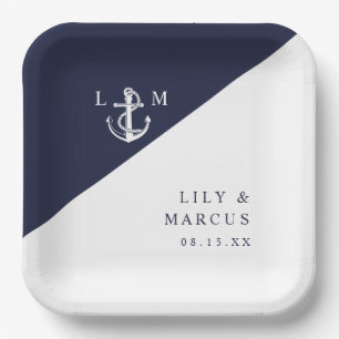 Assiettes En Carton Mariage Monogramme minimaliste Nautique bleu marin