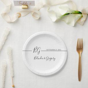 Assiettes En Carton Mariage Monogramme minimaliste noir et blanc