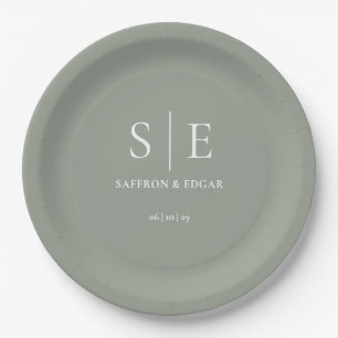 Assiettes En Carton Mariage Monogramme minimaliste Sage Green