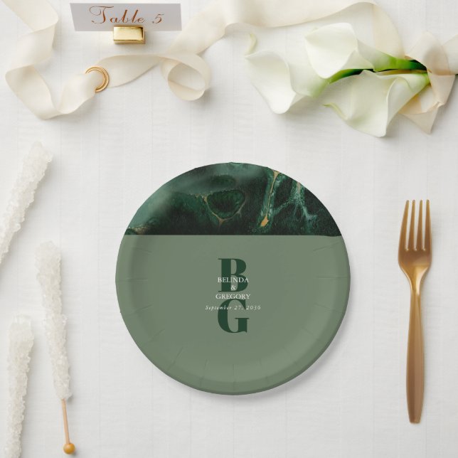 Assiettes En Carton Mariage Monogramme Moderne en Marbre Vert   (Mariage)