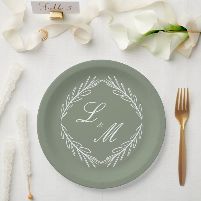 Assiettes En Carton Mariage Monogramme Script Branche Vert Sauge   (Mariage)