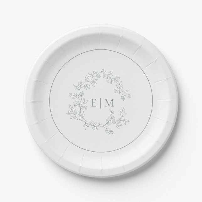 Assiettes En Carton Mariage Monogramme vert Sage moderne (Devant)