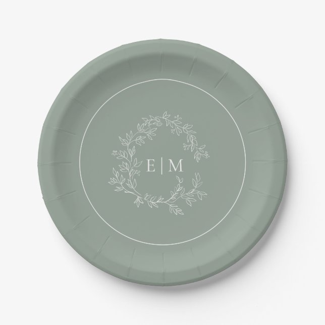 Assiettes En Carton Mariage Monogramme vert Sage moderne (Devant)