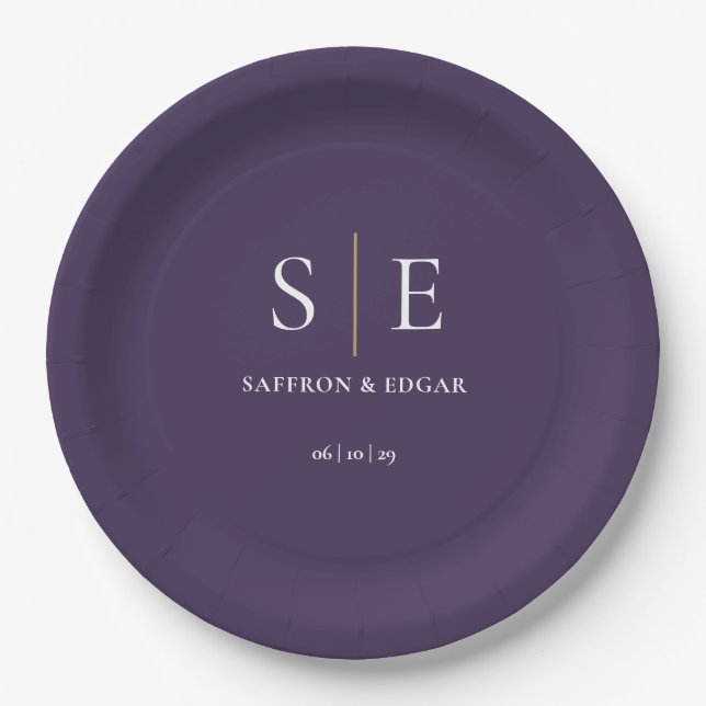 Assiettes En Carton Mariage Monogramme violet et or (Devant)