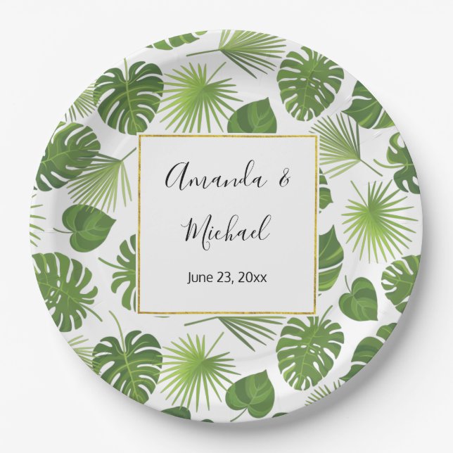 Assiettes En Carton Mariage Motif Feuille élégant Green Tropical (Devant)