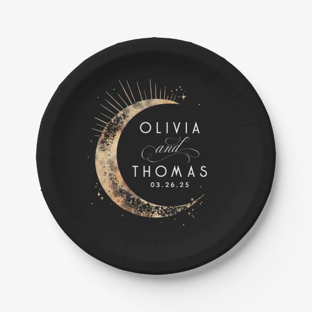 Assiettes En Carton Mariage mystique céleste noir et or (Devant)