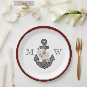 Assiettes En Carton Mariage nautique Ancre florale Maroon rouge blanc