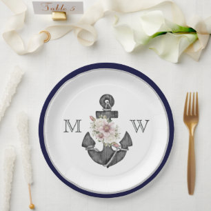 Assiettes En Carton Mariage nautique Floral Ancre Marine bleu et blanc