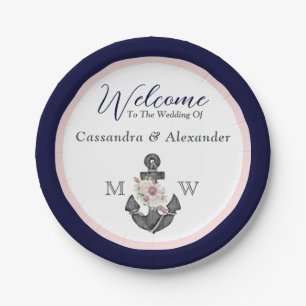 Assiettes En Carton Mariage nautique Floral Ancre Marine bleu et rose