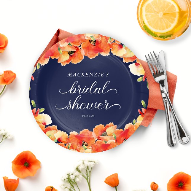 Assiettes En Carton Mariage Navy Blue et Coquelicot Doré (Navy Blue and Golden Poppy Bridal Shower Paper Plates)