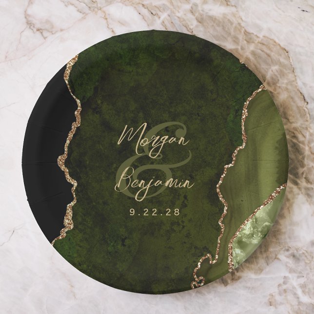 Assiettes En Carton Mariage Olive Vert Agate Or Script (Créateur téléchargé)