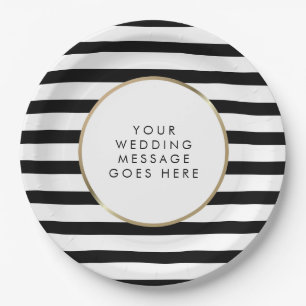 Assiettes En Carton Mariage Or Rayure Noir et Blanc