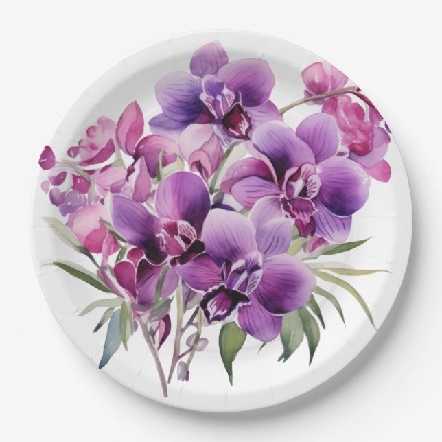Assiettes En Carton Mariage Orchidées violettes et blanches (Devant)