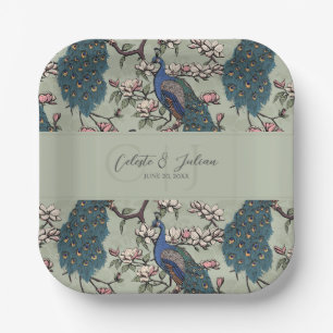 Assiettes En Carton Mariage Paon Floral Sauge Élégant